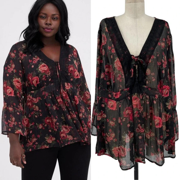 Torrid Babydoll Chiffon‎ Lurex Crochet Detail Lace-up Blouse Botanical Plus 2X - Picture 1 of 11